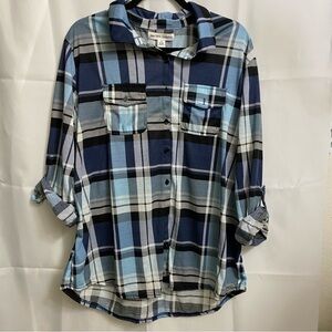 New York Laundry Plaid Button Down Shirt Women’s 2X Blue Black Long Sleeve
